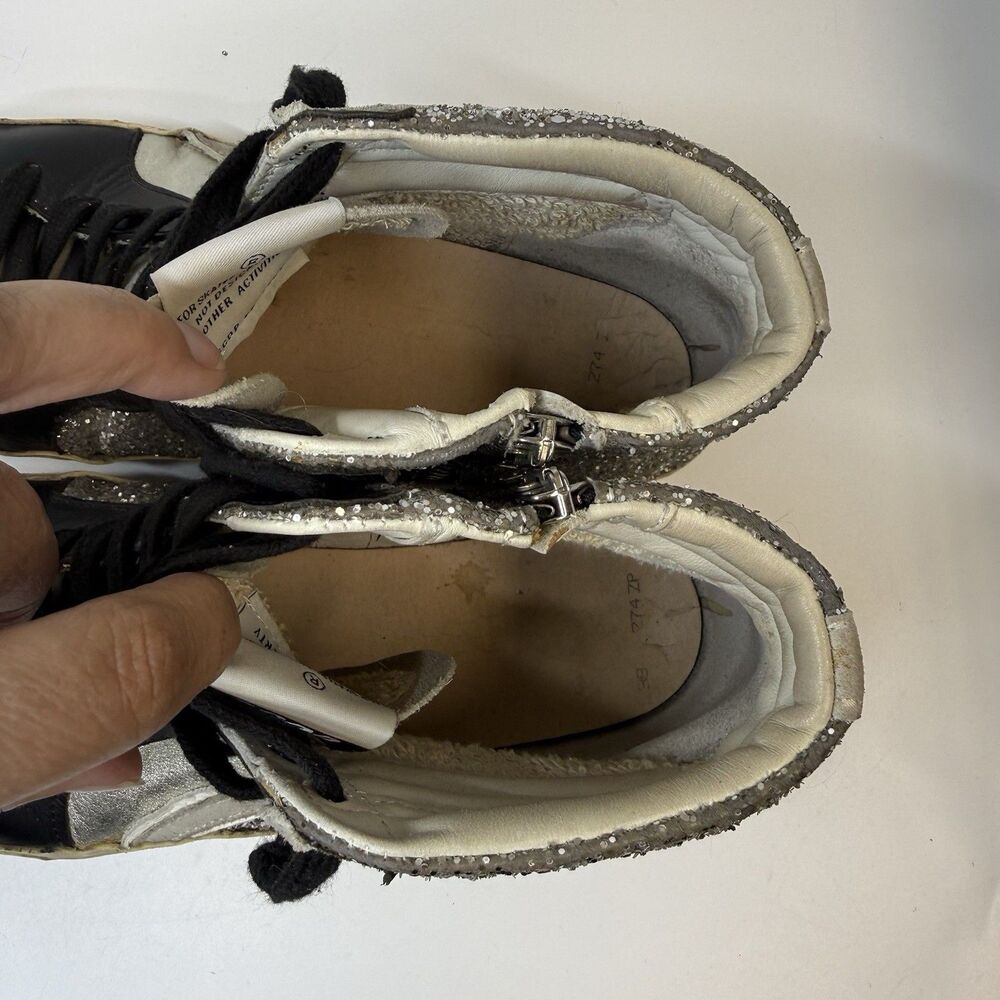 Golden Goose Slide Mid Top Leather Glitter Silver Black Sneakers Sz 8 - Picture 8 of 11
